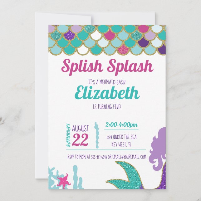 Mermaid Bash Invitation Anniversaire Turquoise Gol (Devant)