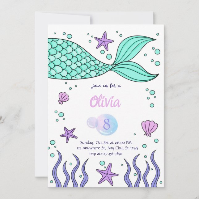 Mermaid Birthday invitation template tail invite (Devant)