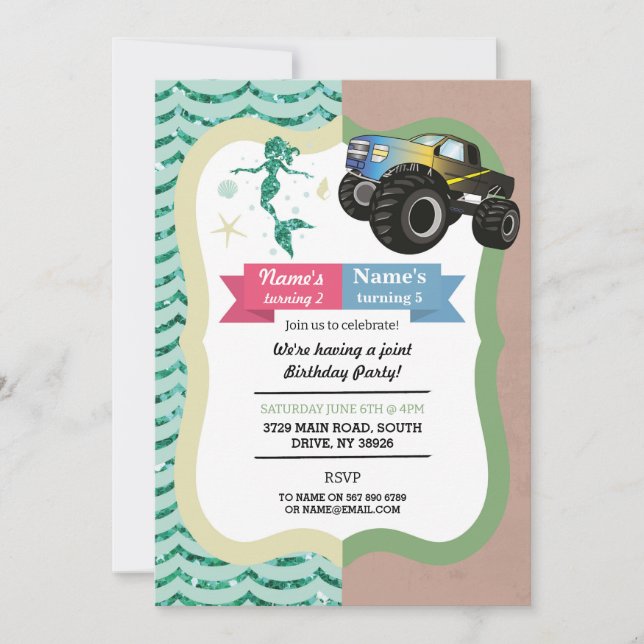 Mermaid & Camions Joint Boy girl Invitations d'ann (Devant)