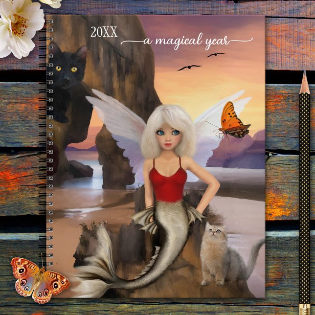 Mermaid Cats Imaginaire surréaliste (Planner featuring a fine art painting by Anne Vis with a mermaid surrounded by her cat friends)