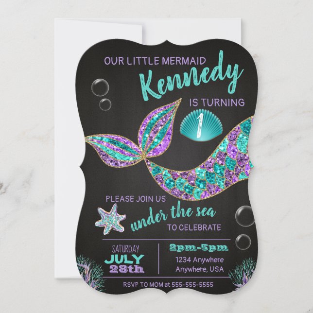 Mermaid Chalkboard invitation d'anniversaire, part (Devant)