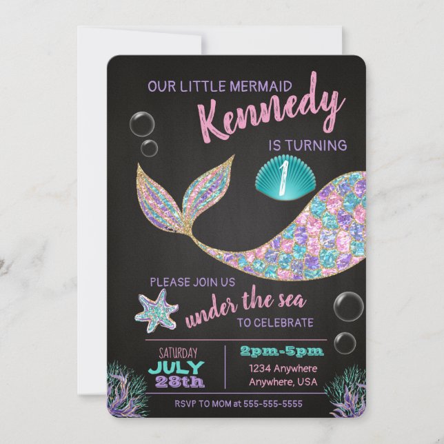 Mermaid Chalkboard invitation d'anniversaire, part (Devant)
