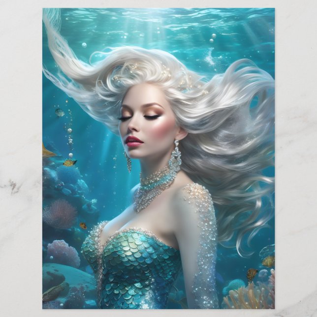 Mermaid Cheveux Argent Turquoise Papier Océan (Devant)
