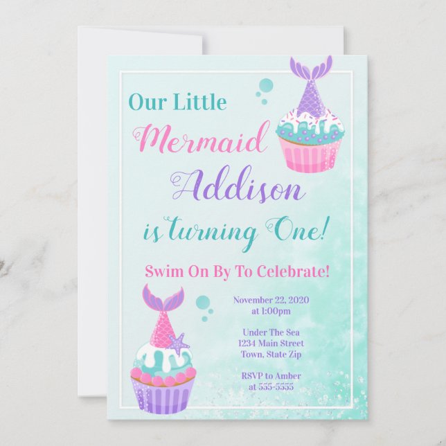 Mermaid Cupcake Birthday Invitation Mermaid Party (Devant)