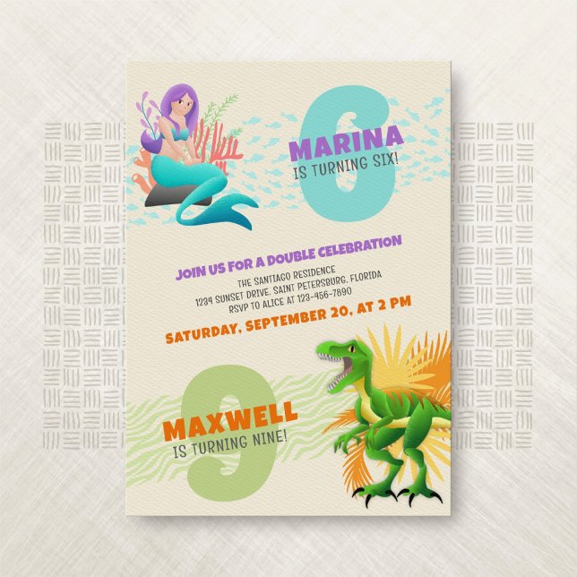 Mermaid Dinosaur Joint Double Invitation Anniversa (Créateur téléchargé)