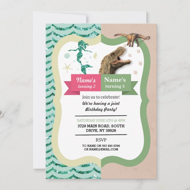 Mermaid & Dinosaur Joint Garçon fille Invitations  (Devant)
