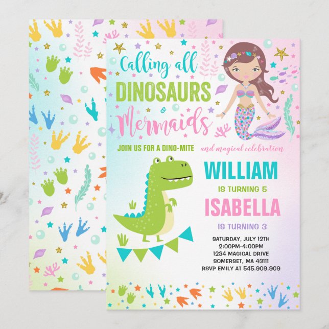 Mermaid Et Dinosaure Anniversaire Invitation Magiq (Devant / Derrière)