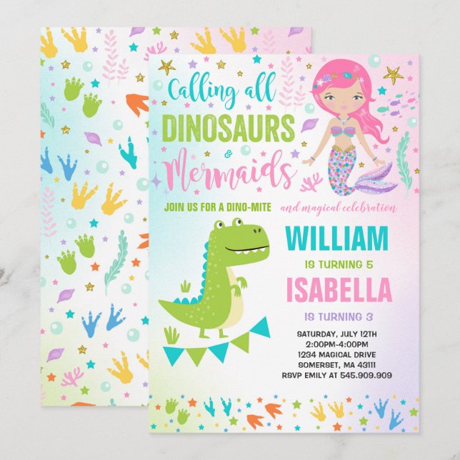 Mermaid Et Dinosaure Anniversaire Invitation Magiq (Devant / Derrière)