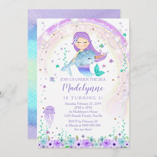Mermaid et Narwhal Birthday Invitation (Devant / Derrière)