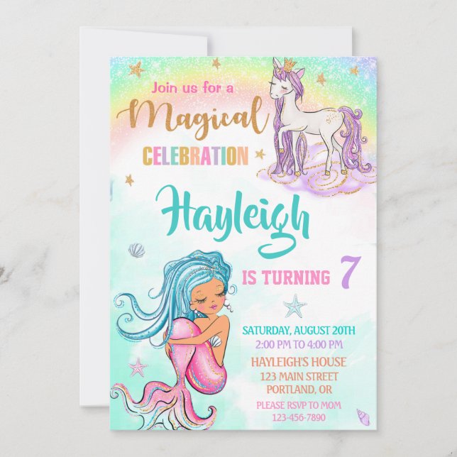 Mermaid et Unicorn invitation anniversaire Fille f (Devant)