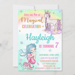 Mermaid et Unicorn invitation anniversaire Fille f