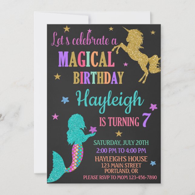 Mermaid et Unicorn invitation anniversaire Magie (Devant)