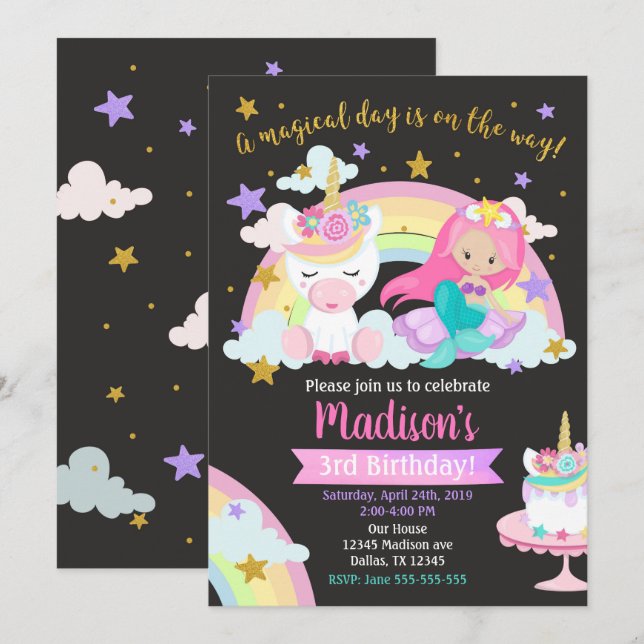 Mermaid et Unicorn Invitation magique d'anniversai (Devant / Derrière)