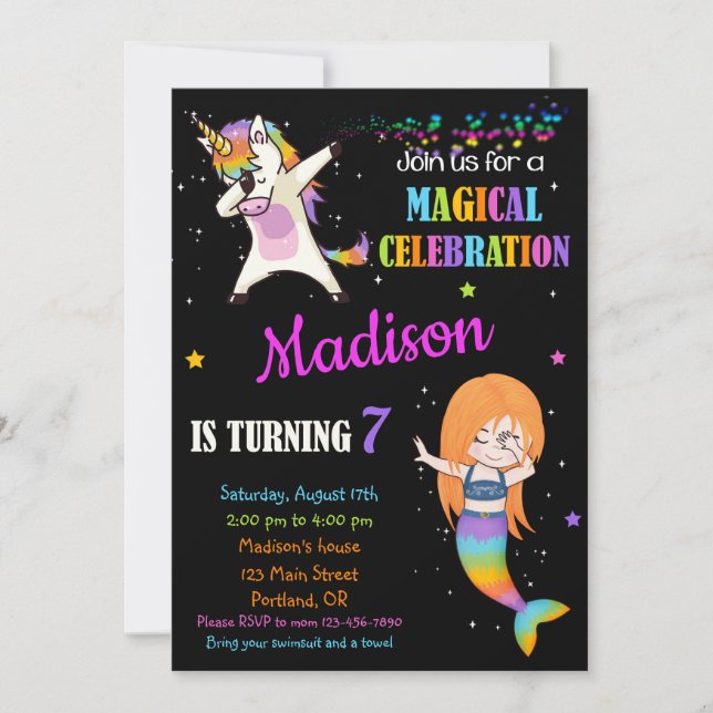 Mermaid et Unicorne invitation anniversaire Dabbin (Devant)