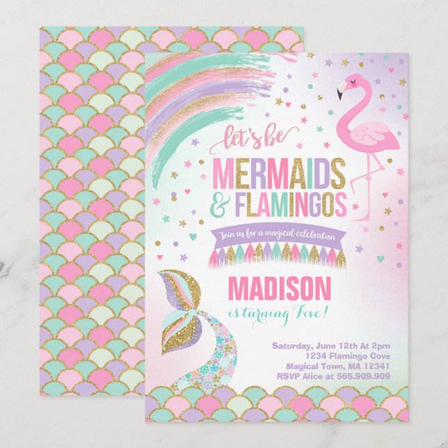 Mermaid & Flamant rose Birthday Invitation Magazin (Devant / Derrière)