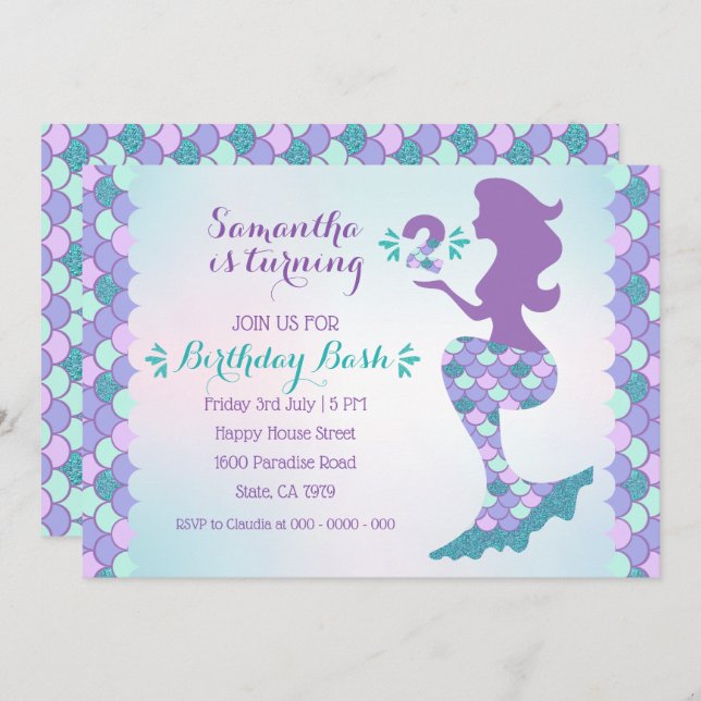 Mermaid Invitation Anniversaire Sirène Numéro 2 (Devant / Derrière)