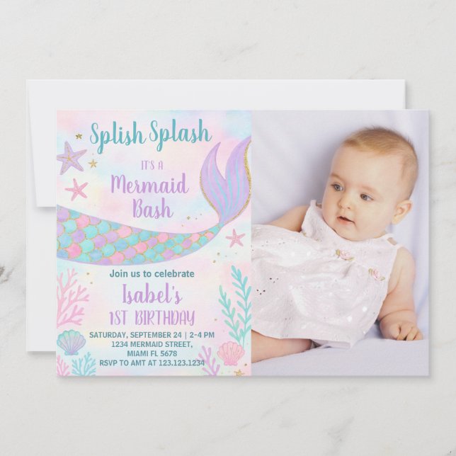 Mermaid Invitation d'anniversaire avec photo (Devant)