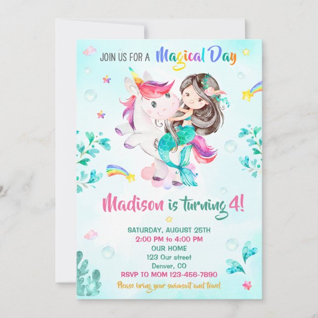 Mermaid invitation d'anniversaire Fille Fête magiq (Devant)