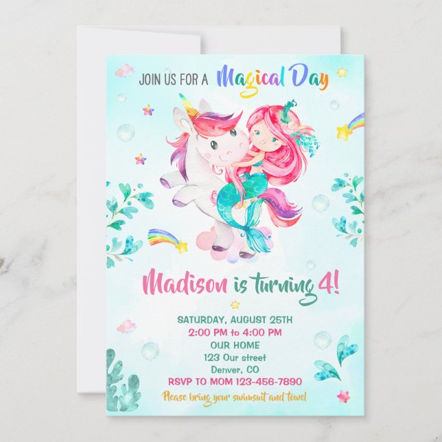 Mermaid invitation d'anniversaire Fille Fête magiq (Devant)