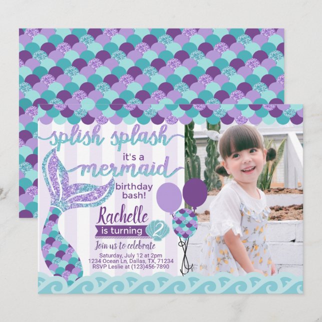 Mermaid Invitation de fête d'anniversaire (Devant / Derrière)