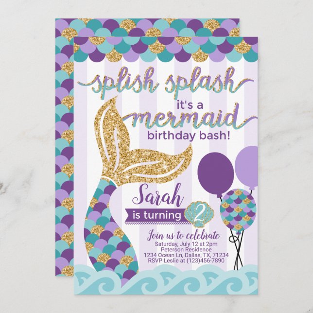 Mermaid Invitation de fête d'anniversaire (Devant / Derrière)