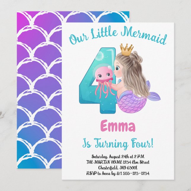 Mermaid Invitation de fête de 4e anniversaire (Devant / Derrière)