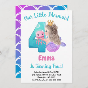 Mermaid Invitation de fête de 4e anniversaire