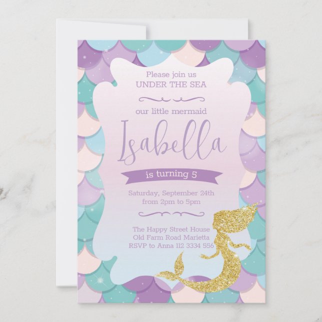 Mermaid Invitation for Birthday Party Gold Glitter (Devant)
