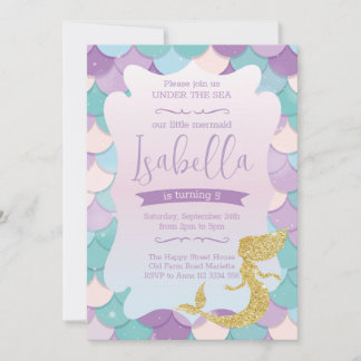 Mermaid Invitation for Birthday Party Gold Glitter
