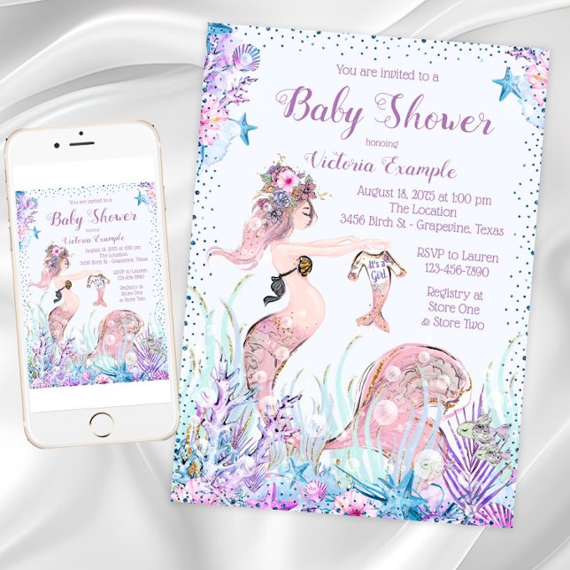 Mermaid Maman Baby Shower Invitations (Pretty Mermom baby shower invitation. Instant download and printed invitations available.)