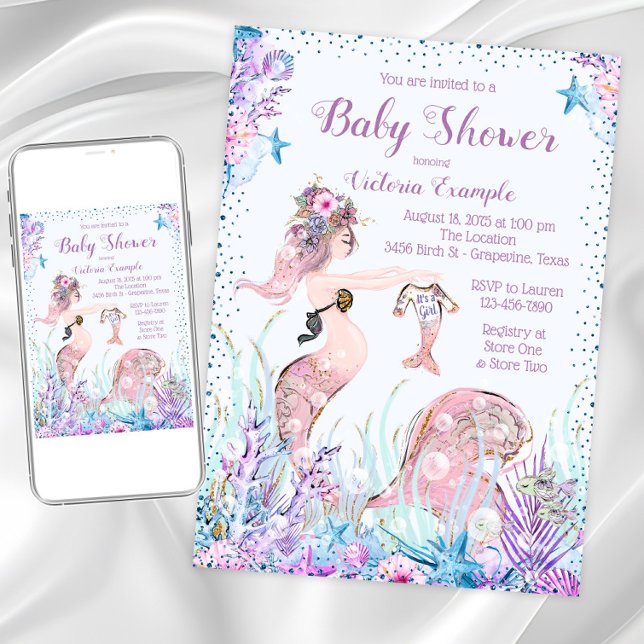 Mermaid Maman Baby Shower Invitations (Cute mermom baby shower invitation. Instant download and printed invitations available.)