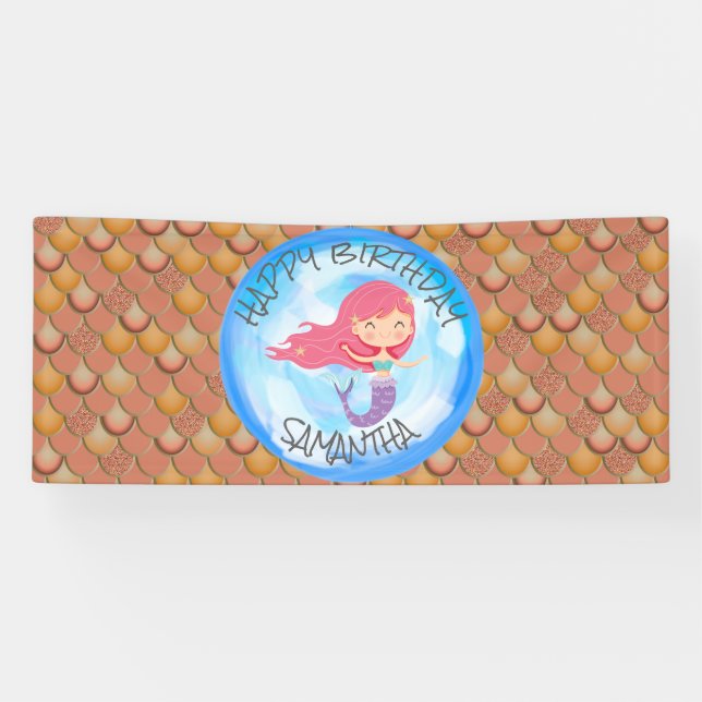 Mermaid Mer Brown Orange Bannière d'anniversaire (Horizontal)