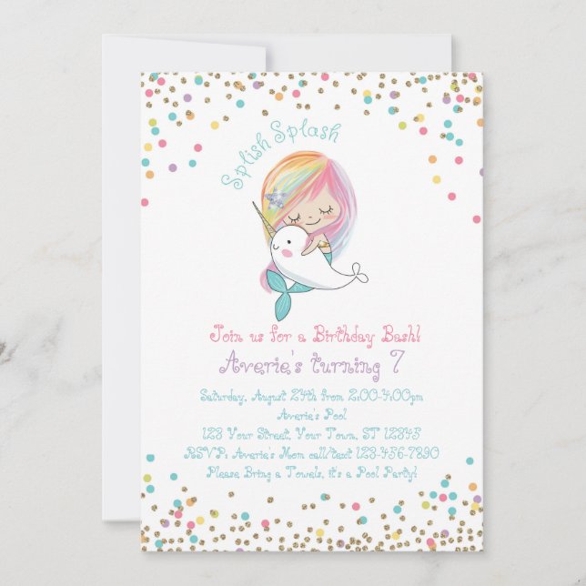 Mermaid Narwhal Pool Party Anniversaire Invitation (Devant)