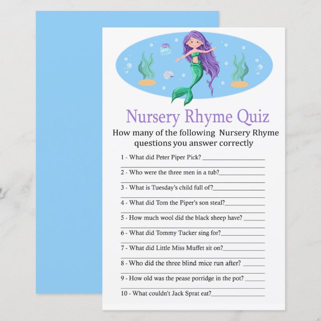 Mermaid Nursery Rhyme Quiz jeu de baby shower (Devant / Derrière)