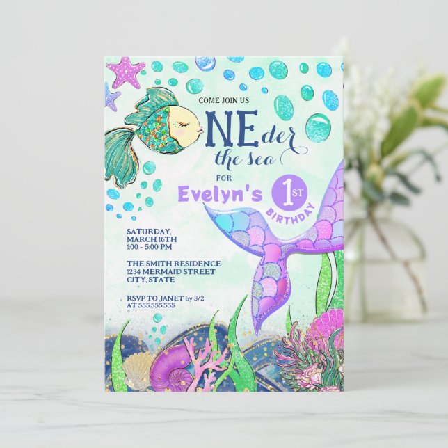 Mermaid ONE der the Sea 1er Birthday Invitation (Debout devant)