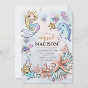 Mermaid Pink Blue Invitation Anniversaire