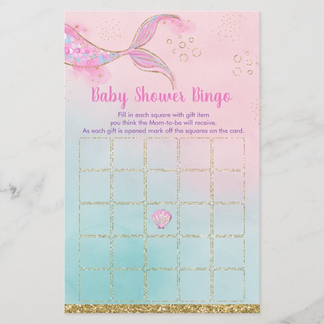 Mermaid Pink Gold Baby shower Jeu de Bingo (Devant)