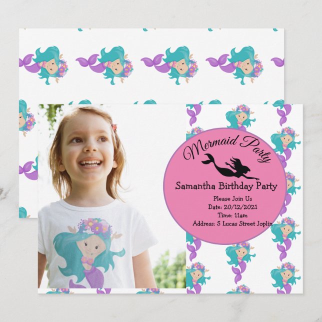 Mermaid Pink Purple Invitation de fête d'anniversa (Devant / Derrière)