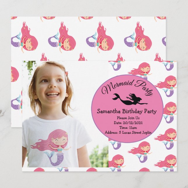 Mermaid Pink Purple Invitation de fête d'anniversa (Devant / Derrière)