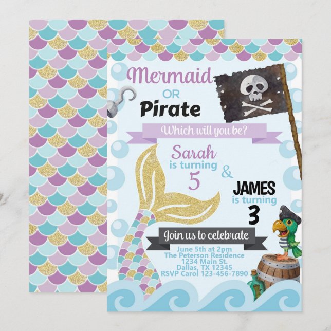 Mermaid Pirate Anniversaire Fête Invitation (Devant / Derrière)