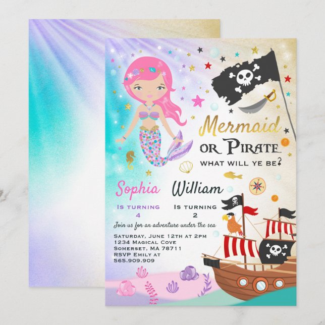 Mermaid Pirate Anniversaire Invitation Fête des fr (Devant / Derrière)