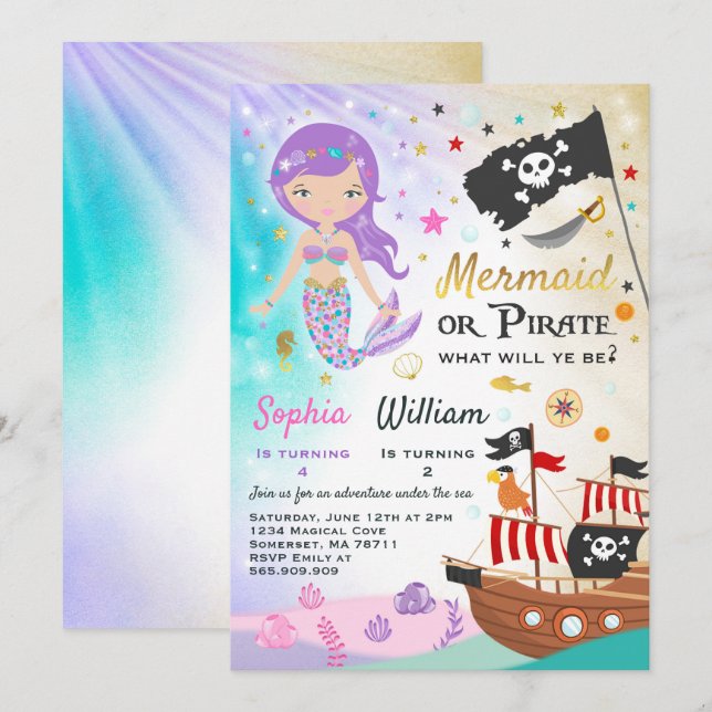 Mermaid Pirate Anniversaire Invitation Fête des fr (Devant / Derrière)
