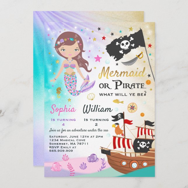 Mermaid Pirate Anniversaire Invitation Fête des fr (Devant / Derrière)
