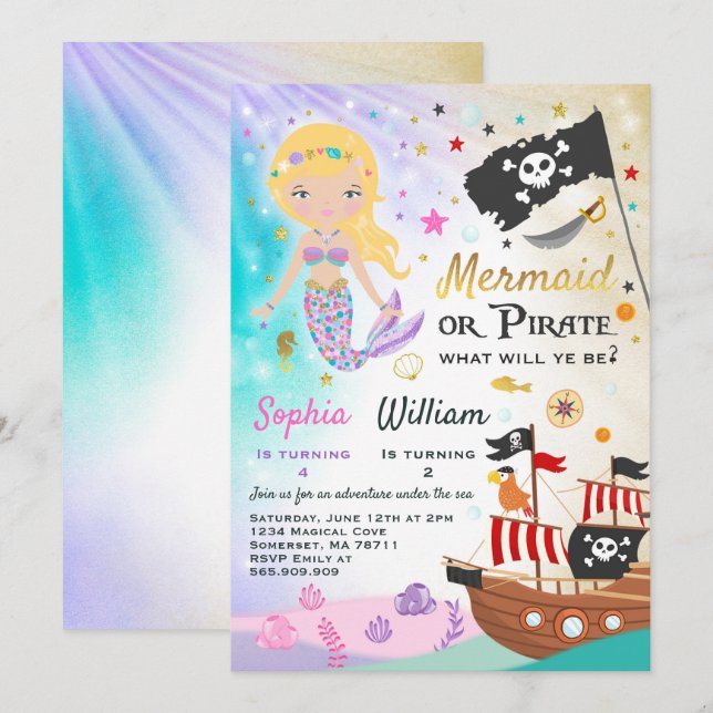 Mermaid Pirate Anniversaire Invitation Fête des fr (Devant / Derrière)
