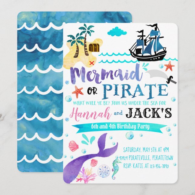 Mermaid Pirate Anniversaire Invitation Party Dual (Devant / Derrière)