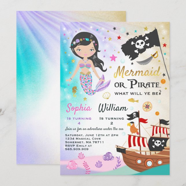Mermaid Pirate Birthday Invitation Siblings Party (Devant / Derrière)