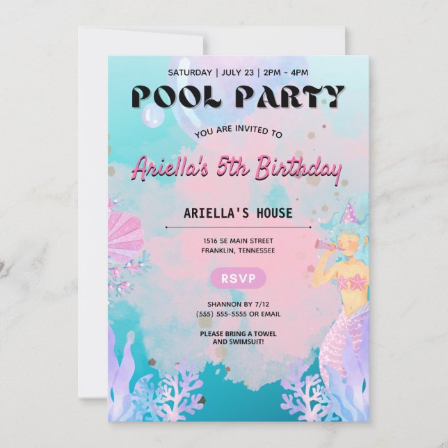 Mermaid Pool Party Fille Anniversaire Invitation (Devant)