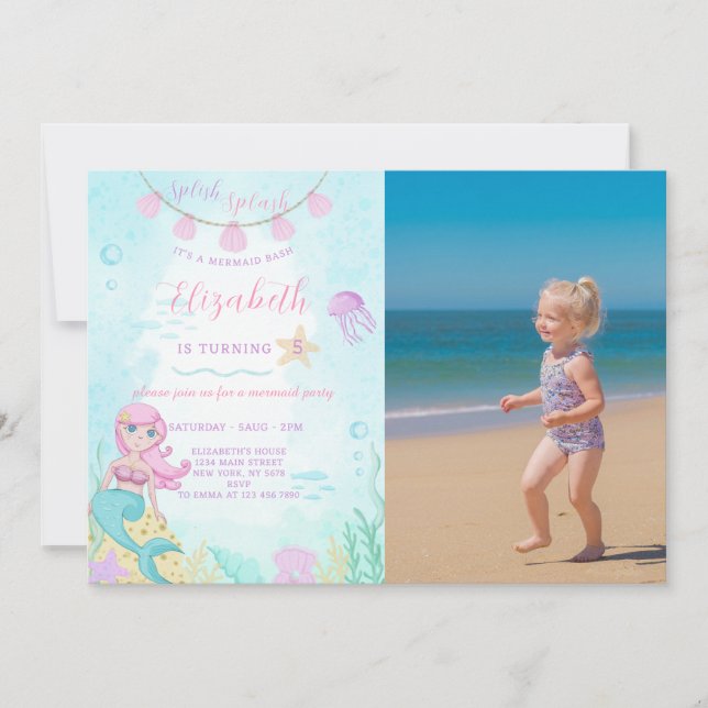 Mermaid Princess Invitation Anniversaire Avec phot (Devant)