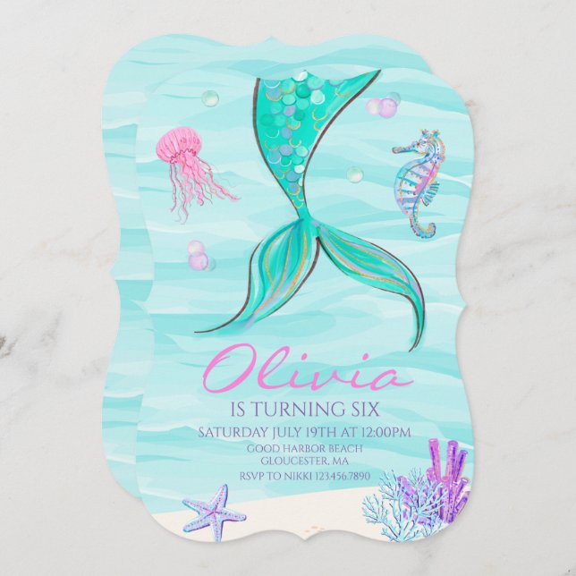 Mermaid Queue sous la mer Invitation d'anniversair (Devant / Derrière)