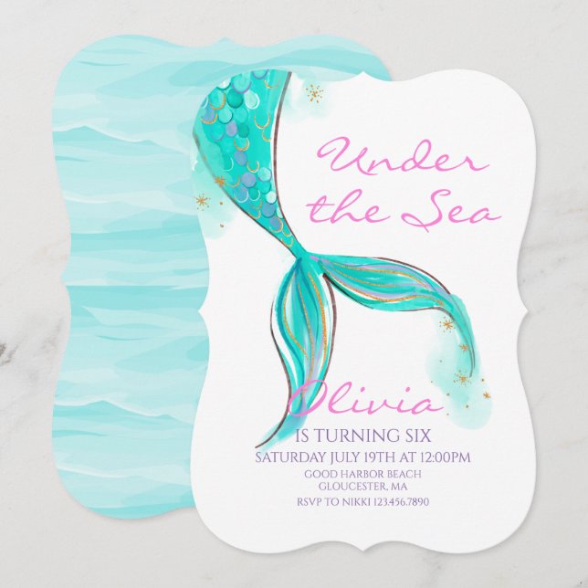 Mermaid Queue sous la mer Invitation d'anniversair (Devant / Derrière)